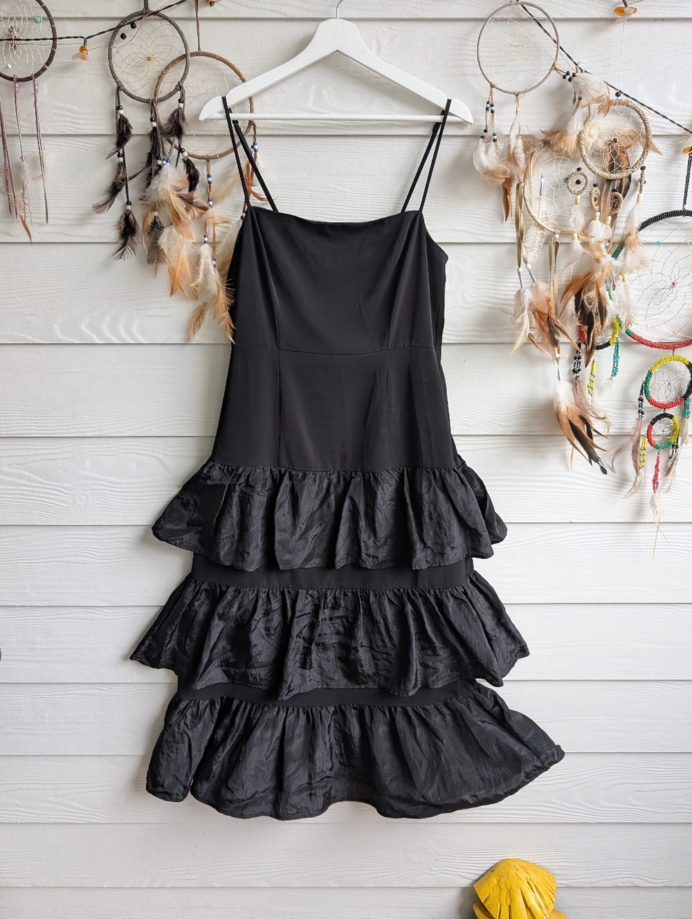 Capulet Black Tiered Ruffle Spaghetti-Strap Maxi Midi Dress L
